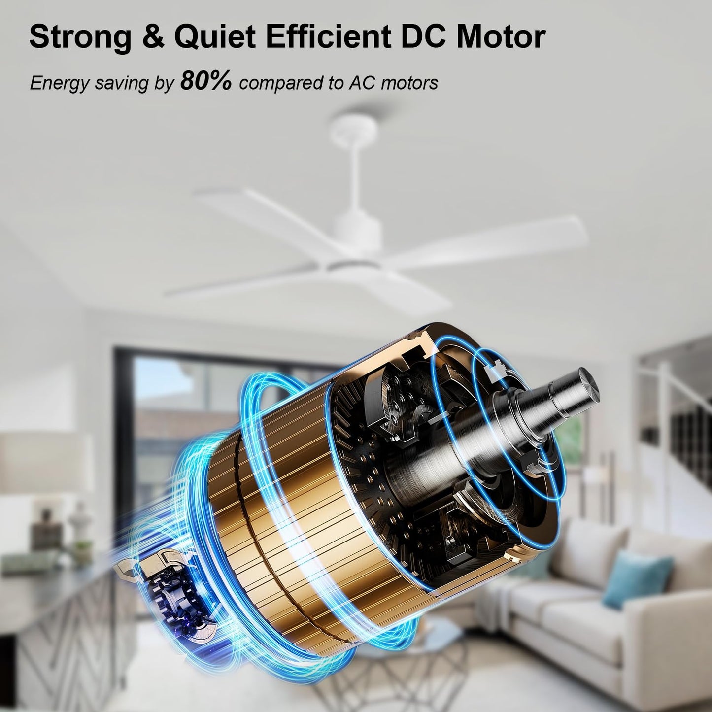 LEDLUX 54" Ceiling Fan without Lights -Modern Ceiling Fan no Light, 6-Speed Remote, 4 Solid Wood Blades, Quiet DC Motor, for Bedroom, Living Room, Outdoor, White