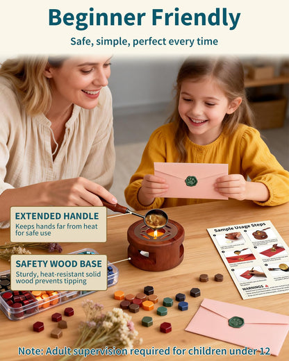 Wax Seal Stamp Kit for Beginners: Wax Sealing Tool Set 3 Brass Stamp Heads with Unique Patterns, 200 Beads, 5 Envelopes & Instructions for Wedding Invitations, DIY Letters & Gift Decoration