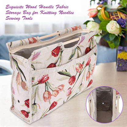 Luatoxry Knitting Bag, 16.5x11.8x4.3in Crochet Project Bag, Foldable Knitting Tote with Wood Handle, Multipurpose Yarn Tote Project Organizer with Zipper for Yarn, Crochet Supplies