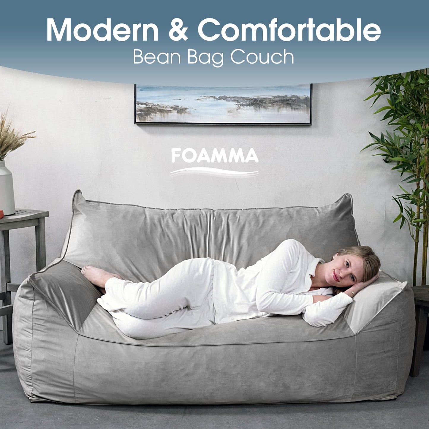 Foamma Bean Bag Sofa Chair, Gray - Bean Bag Chair with Armrests, Bean Bag Couch with High-Density Foam, Reading Chair, Lounge Chair for Bedroom, Large Bean Bag Chairs for Adults - 40" x 60" x 32"