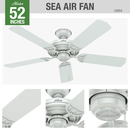 Hunter 52 inch Outdoor or Indoor Ceiling Fan No Light - White Ceiling Fan without Light, For Patio, Porch, Garage, or Living Room, Standard Mount, 5 Blades, Pull Chain - Sea Air 53054, White