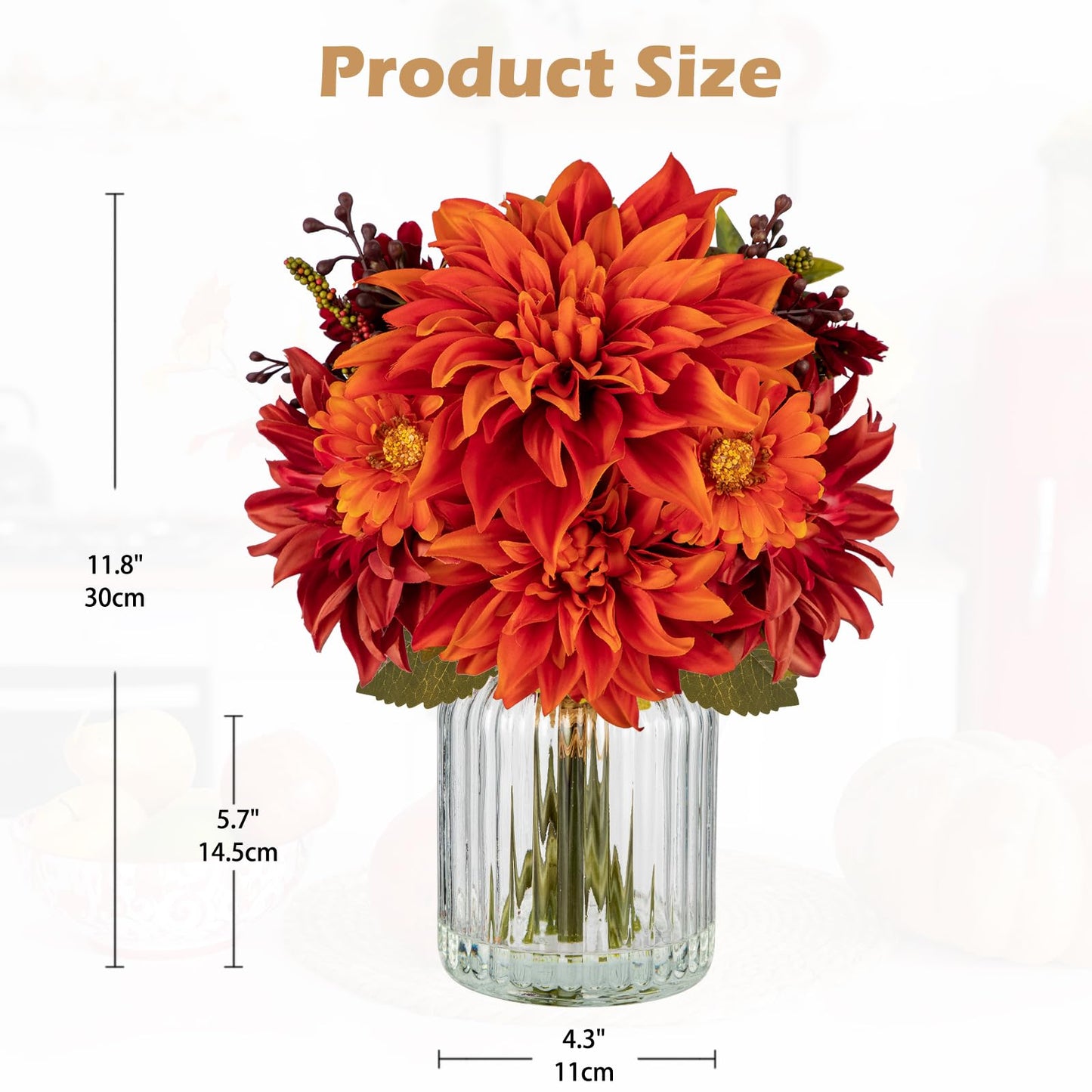 Briful Fake Fall Flowers with Vase, Artificial Dahlia & Mum Silk Floral Arrangement with Glass Vase Faux Autumn Flowers Bouquet for Home Office Room Coffee Table Centerpiece Wedding Decoration