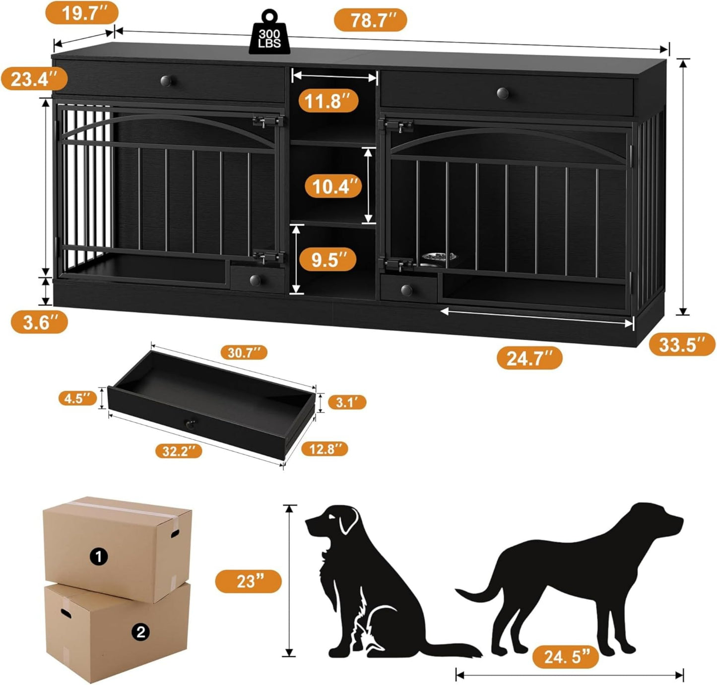 GAOMON Dog Crate Furniture for 2 Dogs, 78.7'' Large Dog Kennel Indoor with 2 Storage Drawers, 3 Shelves and Feeding Bowls, Double Dog Crate TV Stand for Small and Medium Dogs, Black