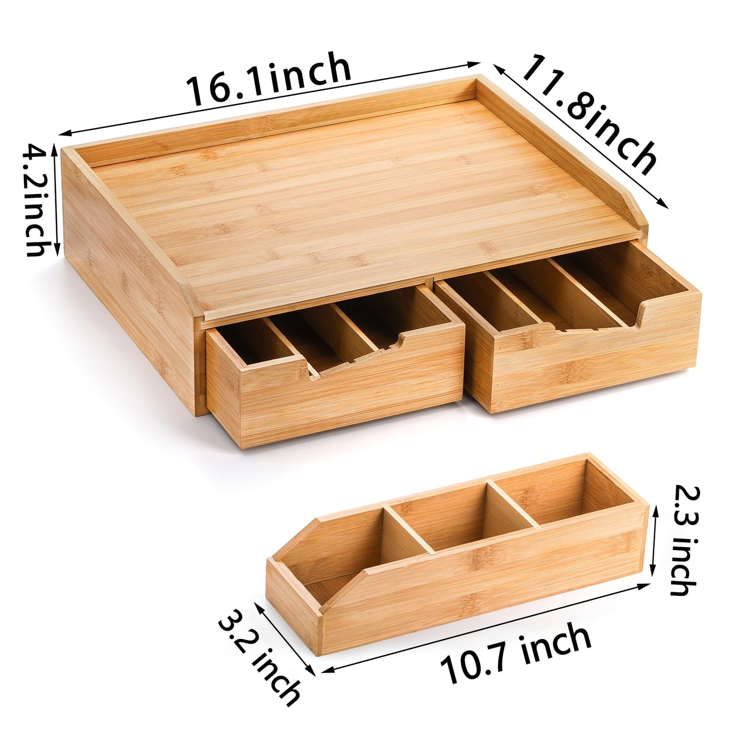 SOUJOY Bamboo Drawer Organizer for Coffee Pod, K Cup Organizer for Counter, Tea Bag Storage Organizer with Drawer and Side Storage Box for Kitchen Office Coffee Bar