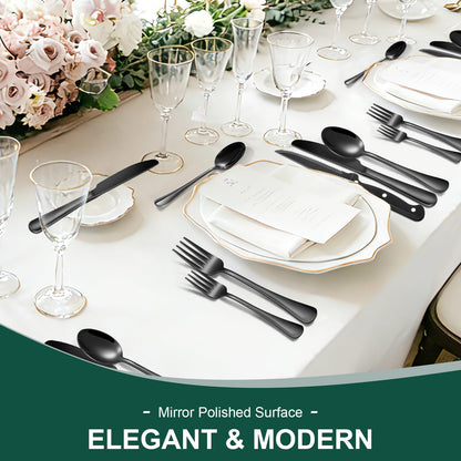 24-Piece Black Silverware Set with Steak Knives Black Stainless Steel Flatware Set for 4 Food Grade Tableware Cutlery Set Rust-proof, Mirror Polished, Dishwasher Safe