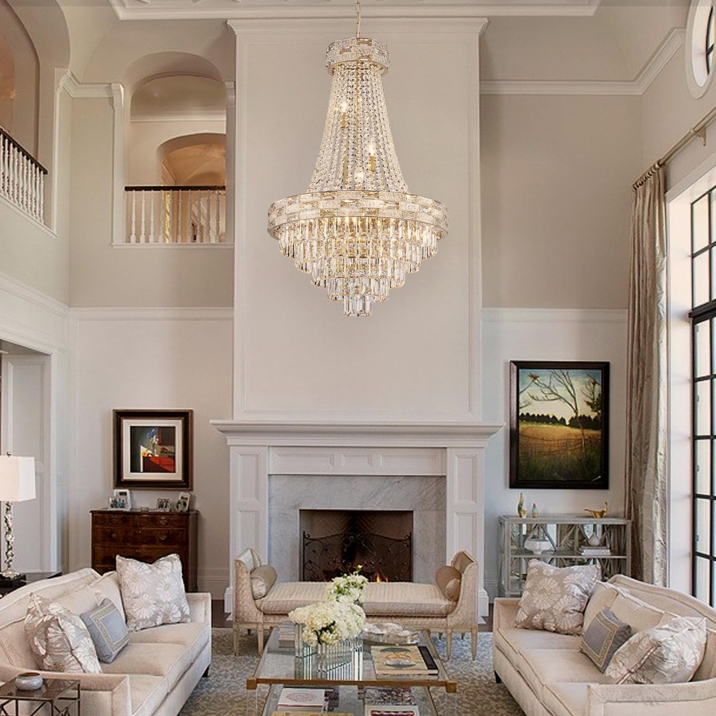 SHAOCHIAO 12-Light Gold Crystal Chandeliers,Empire Chandelier Light Fixture Modern High Ceiling Hanging Chandelier for Entryway,Foyer,Staircase,Hallway,Living Room(H36 x D23.2)
