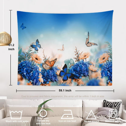 Batmerry Yellow and Blue Floral Tapestry, Colorful Butterflies on Yellow Background, 51.2 x 59.1 Inches