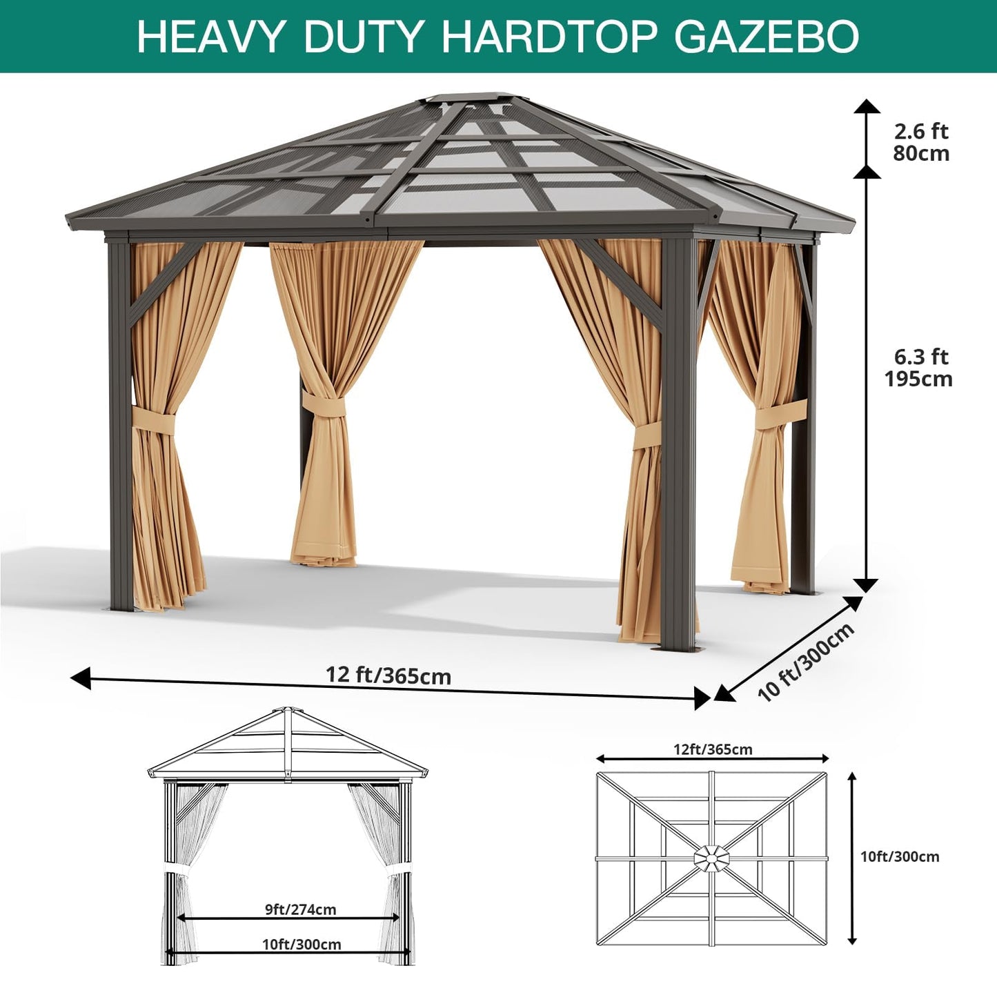10' x 12' Hardtop Gazebo, Permanent Outdoor Pavilion with Single-Tier Hardtop Roof, Thickened Mosquito Netting, Double Track & Double Zipper Design for Patio, Lawn, Garden, Brown