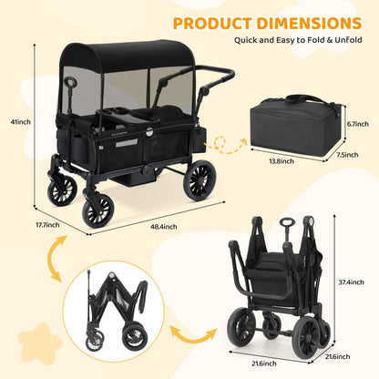 ELEMARA Stroller Wagon, 2 Seat Stroller for 2 Kids, Premium All Terrain Stroller for Kids w/Removable Canopy, Adjustable Push/Pull Handle, Large Storage Bag, Black