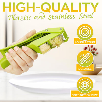 2 in 1 Garlic Slicer and Garlic Press - Multipurpose Garlic Press and Slicer, Stainless Steel and Durable Plastic, 7.6 x 1.7 x 2.5", Easy to Use and Clean, Good for Home and Commercial Use