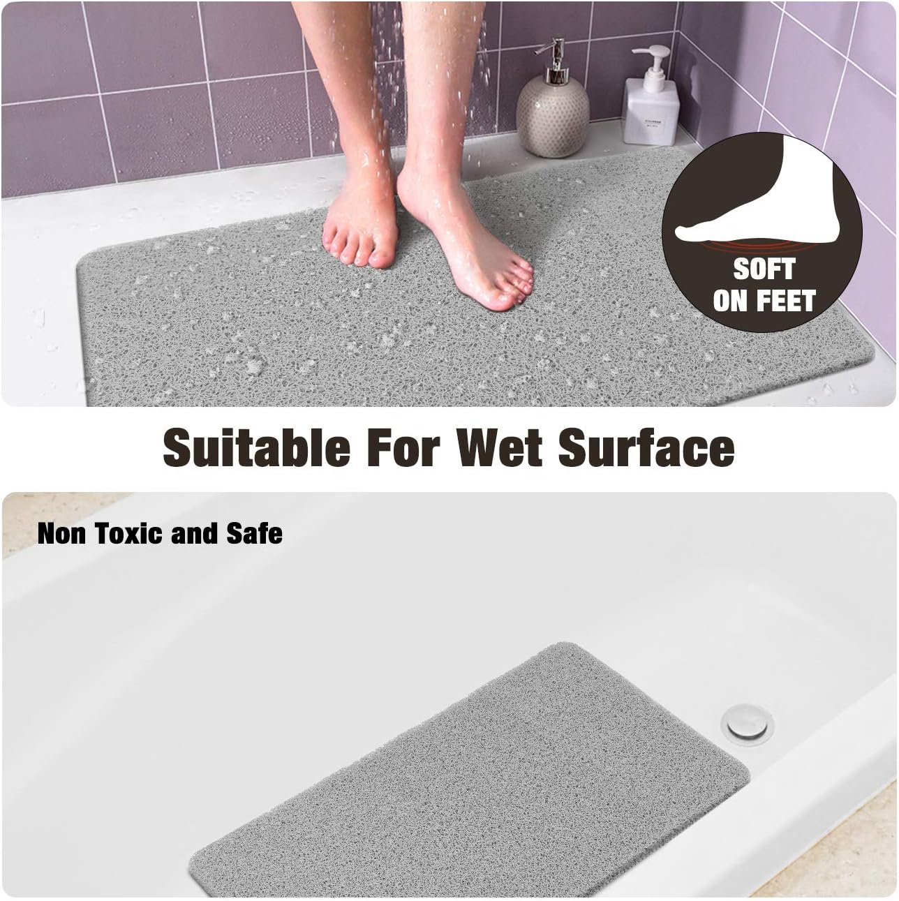 MAPLEZ Non-Slip Bath Mat for Tub, Quick Drying Shower Mat for Wet Areas, 24"x16", Grey