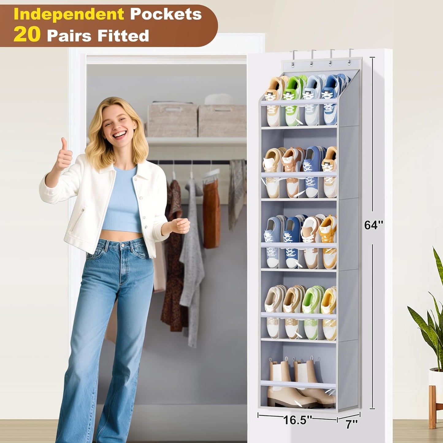 20 Closet KEETDY Pairs Over The Door Shoe Organizer for Large Clear Pockets Hanging Shoe Rack for Door Hanger Boot
