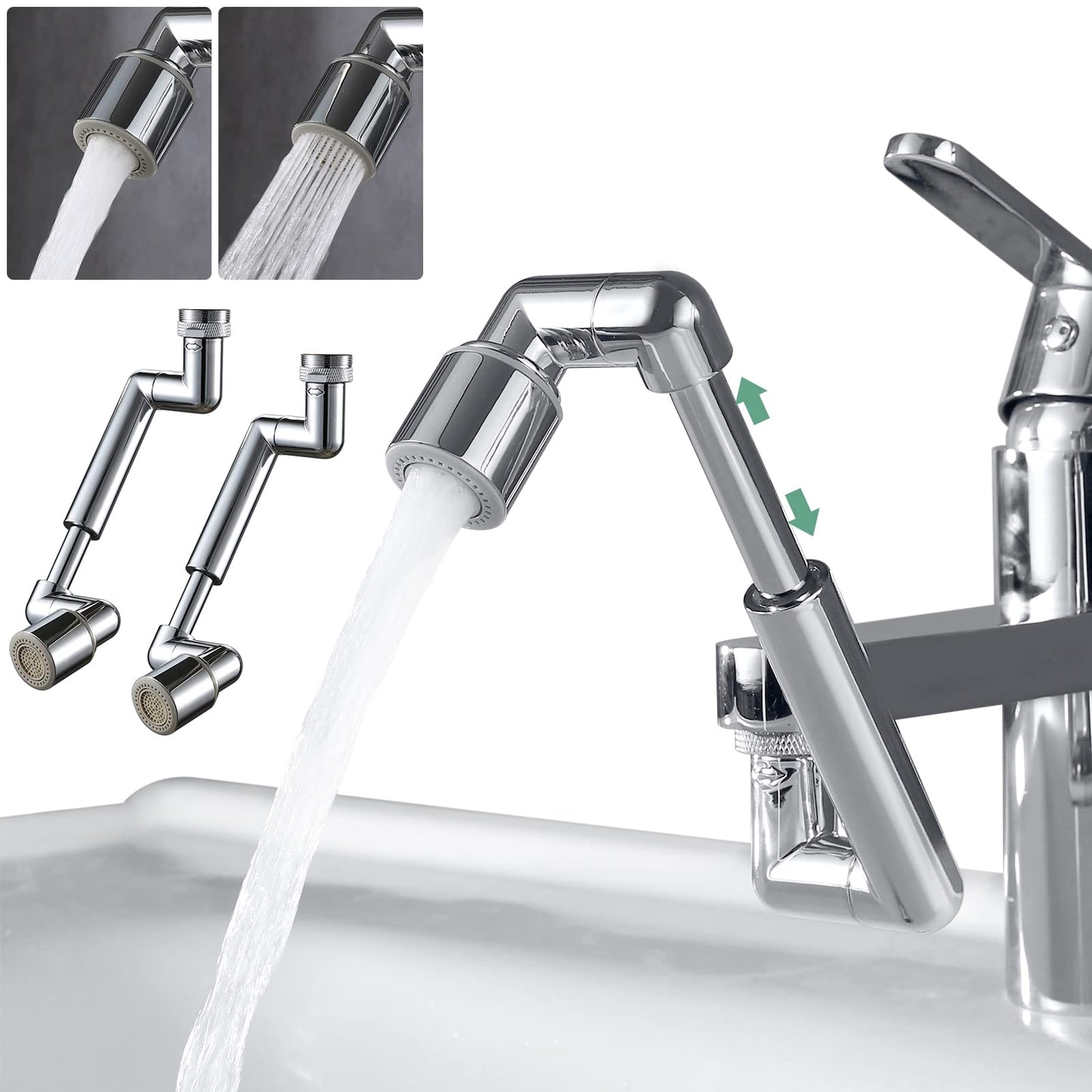 Universal 1440° Sink Faucet Aerator Extension Swivel Faucet Extender 2 Pack, 2 Sprayer Modes Rotatable Bathroom Kitchen Head Replacement Tap Attachment with Filter for G 1/2", 55/64",15/16" Chrome