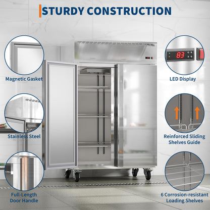GarveeLife 48" W Commercial Freezer -8°F~0°F,Reach-in 36 Cu.ft 2 Door Stainless Steel Commercial Refrigerator Fan Cooling,6 Adjustable Shelves, Auto Defrost,for Restaurant,Bar,Kitchen,Shop