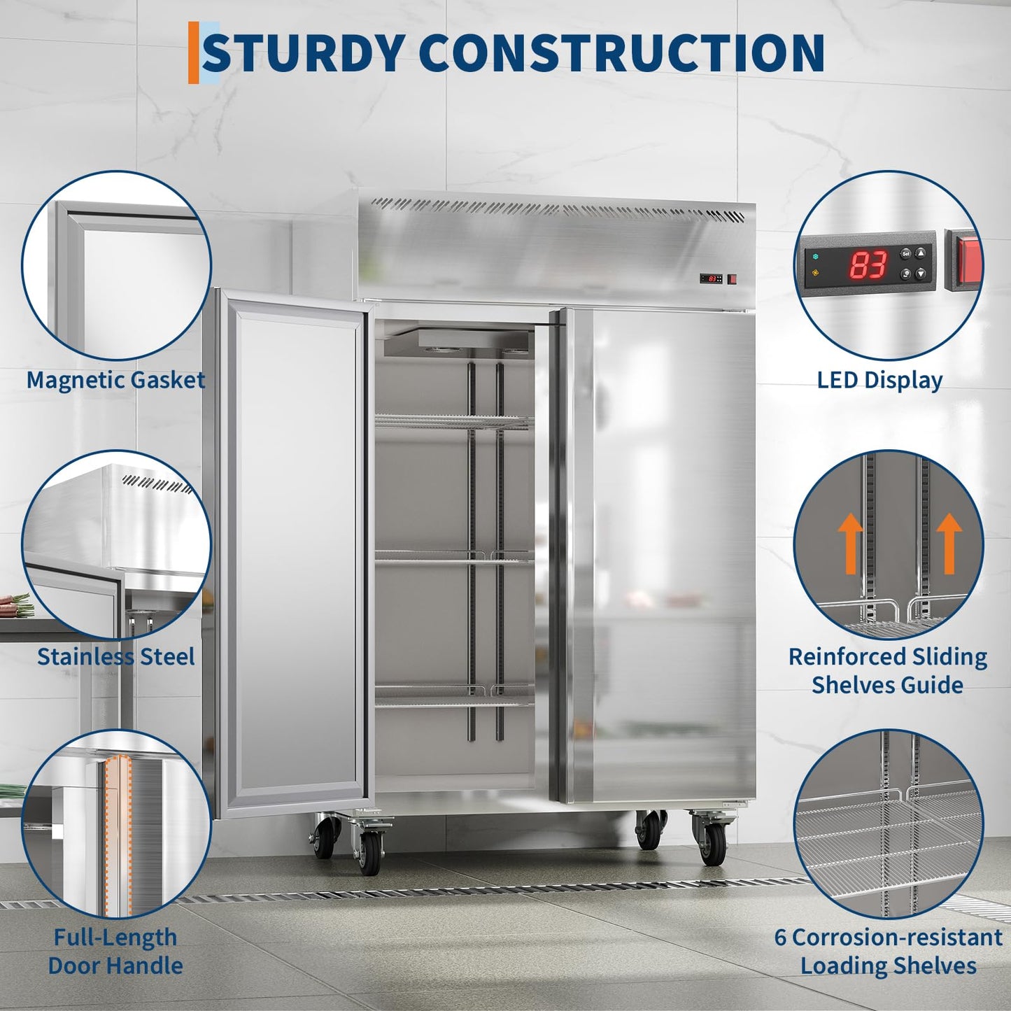 48 Inch Wide Commercial Freezer Upright, 36 Cu.Ft Frost Free Upright Freezers Stand Up, 2 Door 2 Section Walk-In Freezer with 6 Adjustable Shelves, for Supermarket, Restaurant, Kitchen, Shop, Garage