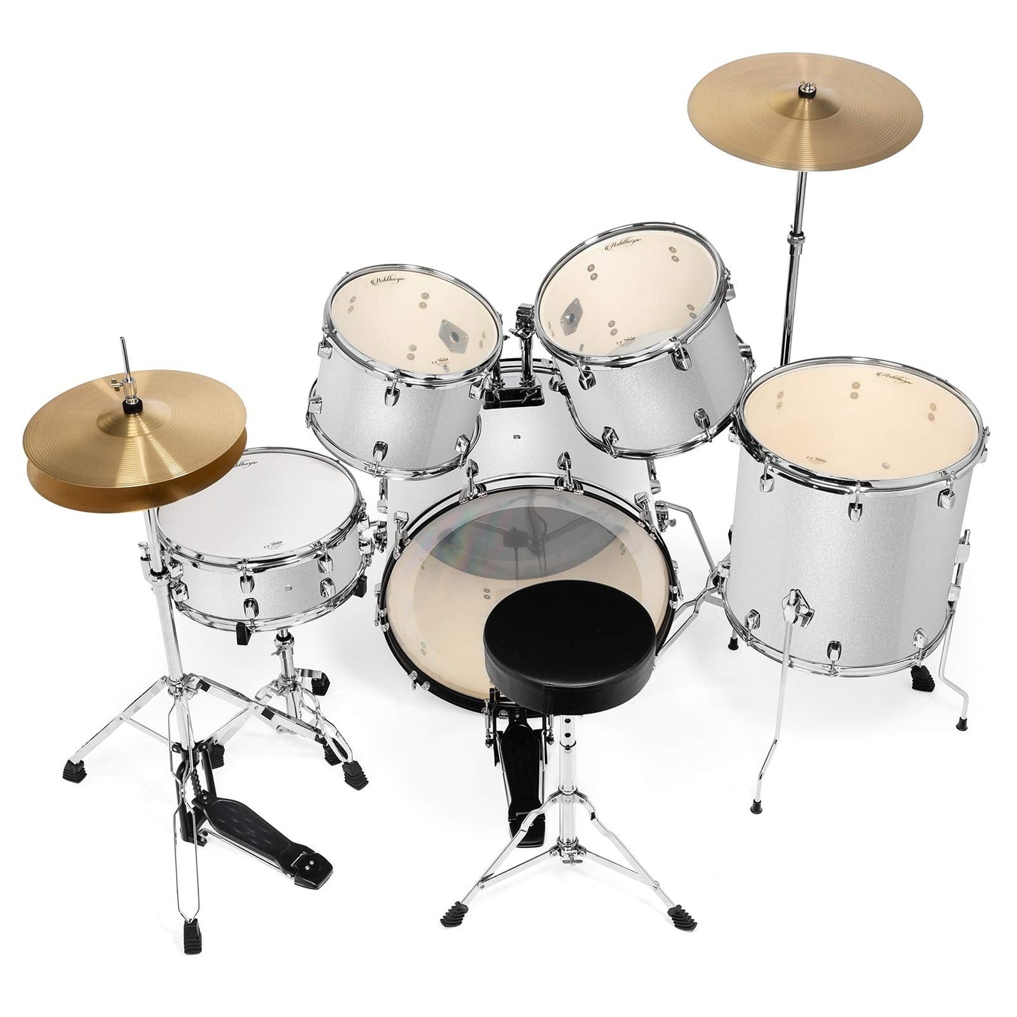 Ashthorpe 5-Piece Full Size Adult Drum Set with Remo Heads & Premium Brass Cymbals - Complete Professional Percussion Kit with Chrome Hardware - Silver
