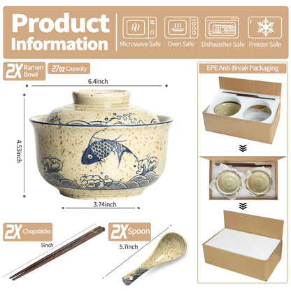 Niturceal Ceramic Ramen Bowl Set of 2, Ramen Noodle Bowl with Lid 27oz Japanese Retro Style Soup, Pho, Udon Bowls, Matching Spoons and Chopsticks for Microwave & Dishwasher Safe, Fish