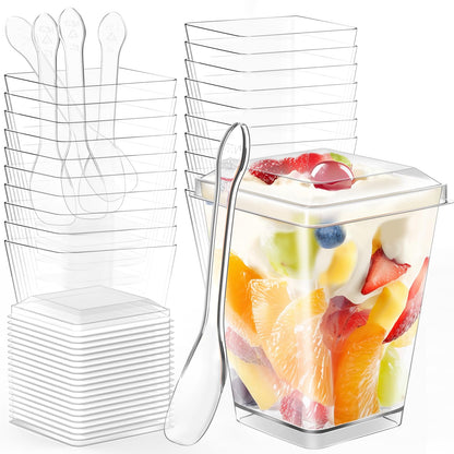 TLAZZ 20 Pack 5 Oz Plastic Dessert Cups with Lids and Spoons, Yogurt Parfait Appetizer Cups for Party, Clear Mini Dessert Shooter Cups with Spoons for Pudding Fruit Trifle Ice Cream