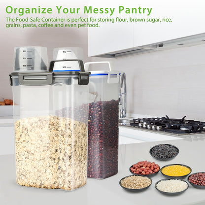 Viretec Rice Airtight Storage Container, 3 to 5Lbs Cereal Dry Food Flour Bin, Pet Dog Cat Food Dispenser with Measuring Cup, BPA Free Clear Plastic Kitchen and Pantry Organization Bin for Sugar