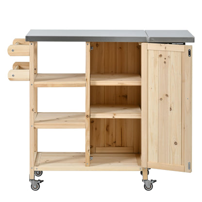 Foldable Outdoor Kitchen Island Cart with Stainless Steel Top, Rolling Grill Table with Storage Cabinet Shelves and Double Towel Rack, Wooden BBQ Prep Station with Lockable Wheels for Patio, Natural