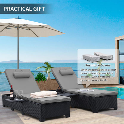 WAROOM Outdoor Chaise Lounge Chairs for Outside Patio Furniture Set of 2 Wicker Recliner Black Rattan Sunbathing Lounger Adjustable Backrest Pool Reclining Chair, Grey Cushion