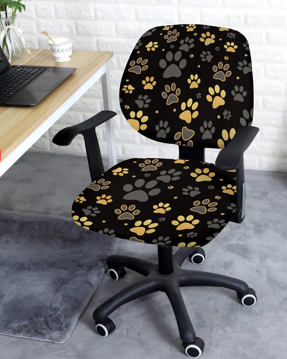 Computer Office Chair Cover, Yellow Paw Print on Black Background, Protective & Stretchable Desk Chair Slipcover