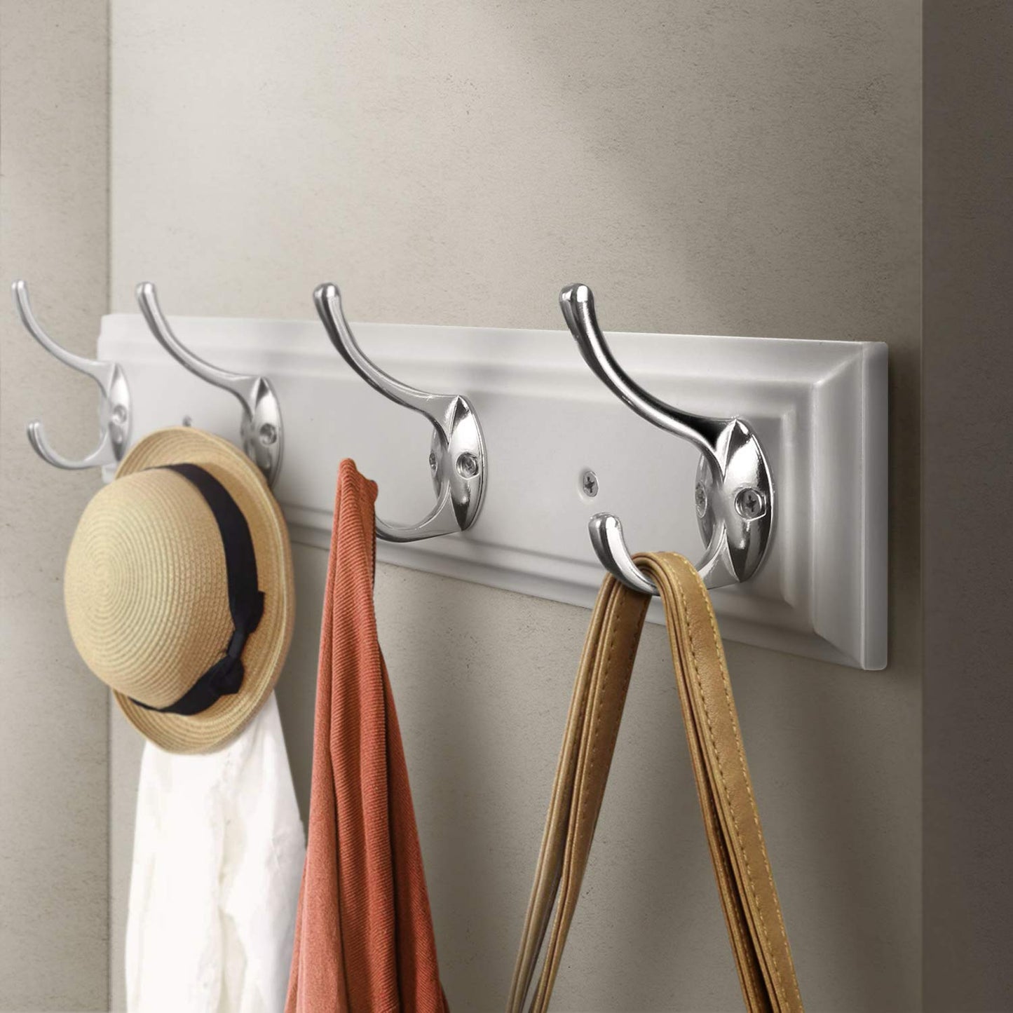 YTJG Coat Rack Wall Mounted White, 17" Wooden Modern Wall Coat Hanger with 4 Hooks, Heavy Duty Zinc Alloy Wall Hook Rack for Hanging Coats, Keys, Bags, Great Touch for Bedroom Bathroom Kitchen
