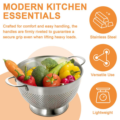 Stainless Steel Colander Set of 3 (1.5-3-5Quart) | Durable Rice and Pasta Strainer with Handle | Oversized Handles | Nesting Design | Rust-Resistant & Dishwasher Safe