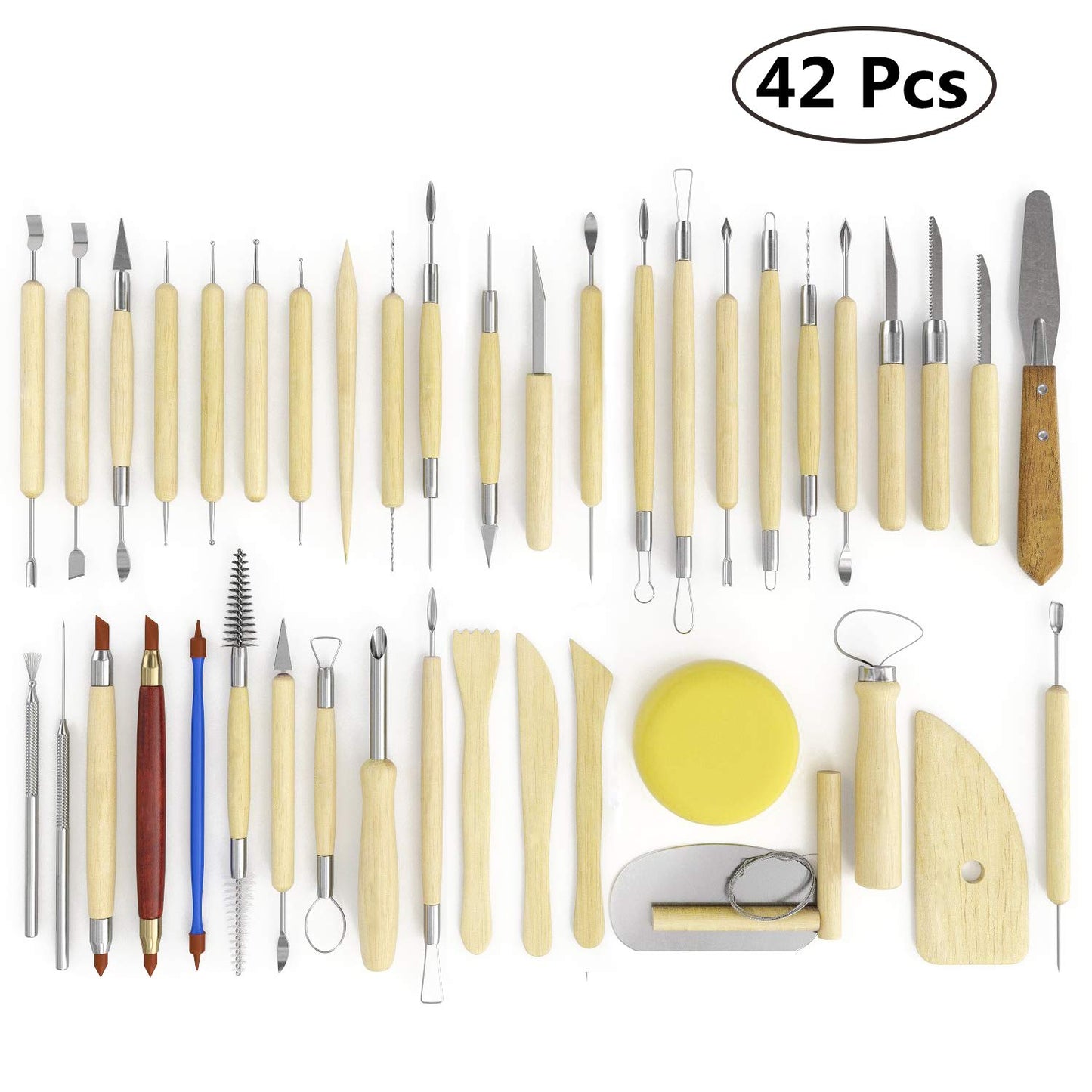 S & E TEACHER'S EDITION 42 Pcs Polymer Clay Tools, Air Dry Clay Tools, Clay Scultping Tools Double-Sided with Smooth Wooden Handles Pottery Craft Carving Molding Shaping