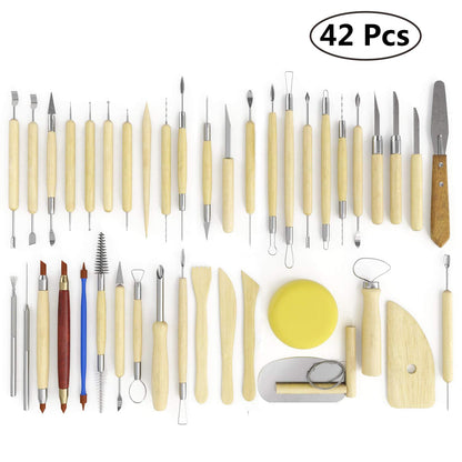 S & E TEACHER'S EDITION 42 Pcs Polymer Clay Tools, Air Dry Clay Tools, Clay Scultping Tools Double-Sided with Smooth Wooden Handles Pottery Craft Carving Molding Shaping