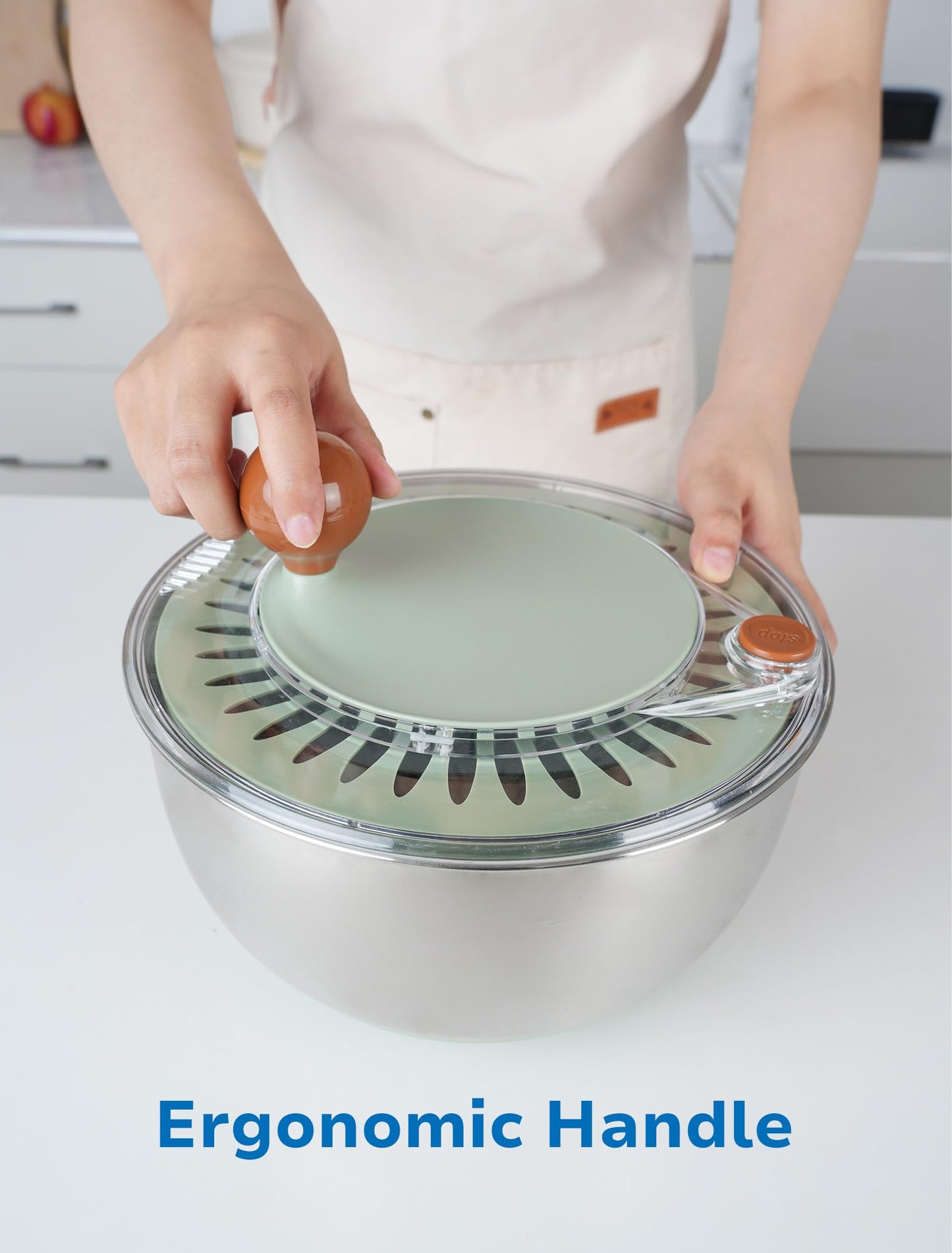 Lunememo Stainless Steel Salad Spinner, Lettuce Spinner with Drain, Non-Slip Base, Stop Button, Vegetable Dryer, BPA Free, 5.3 Qt