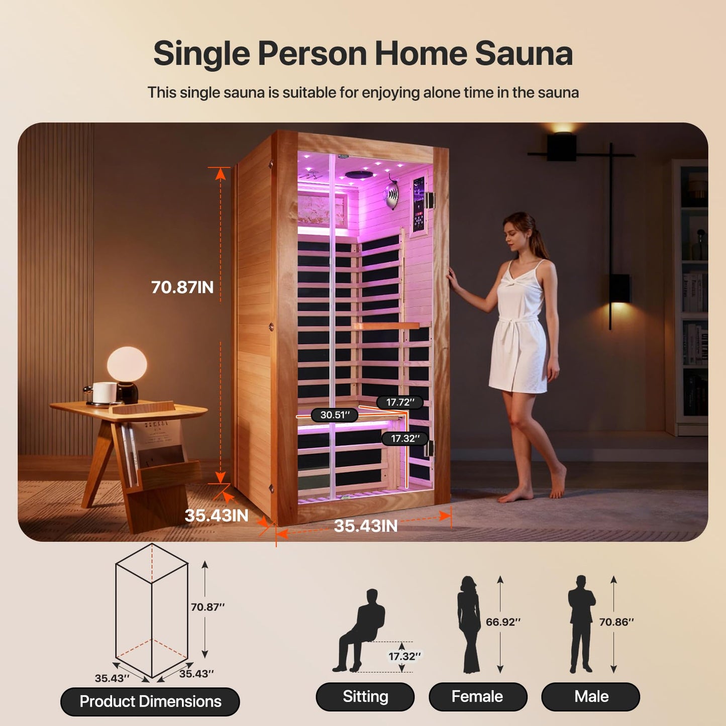 OUTEXER Sauna One Person Far Infrared Saunas Room African Mahogany Wood 1350W Dry Saunas Spa with 7 Starry Sky Light Wood Wax Oil on Outer Surface 35.4 * 35.4 * 70.9inch