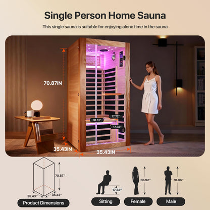 OUTEXER Sauna One Person Far Infrared Saunas Room African Mahogany Wood 1350W Dry Saunas Spa with 7 Starry Sky Light Wood Wax Oil on Outer Surface 35.4 * 35.4 * 70.9inch