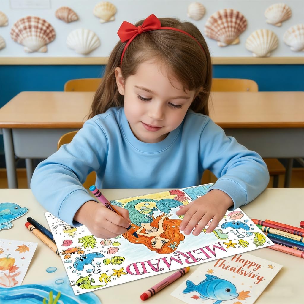 15Packs 17X11Inches Mermaid Crafts for Kids Coloring Placemats with Thankful - Fall Art Activities for Friendsgiving