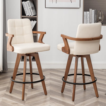 MEKLIBA 26” Counter Height Bar Stools,Leather Upholstered Bar Chair, Swivel Bar Stools with Back and Arms，Modern Beige Barstool Set of 2 for Kitchen Island