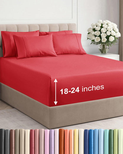 Skiennix Extra Deep Cal King Sheet Set | 6-Piece Breathable Cooling Bedding - Luxurious Red Color, Soft & Wrinkle-Free