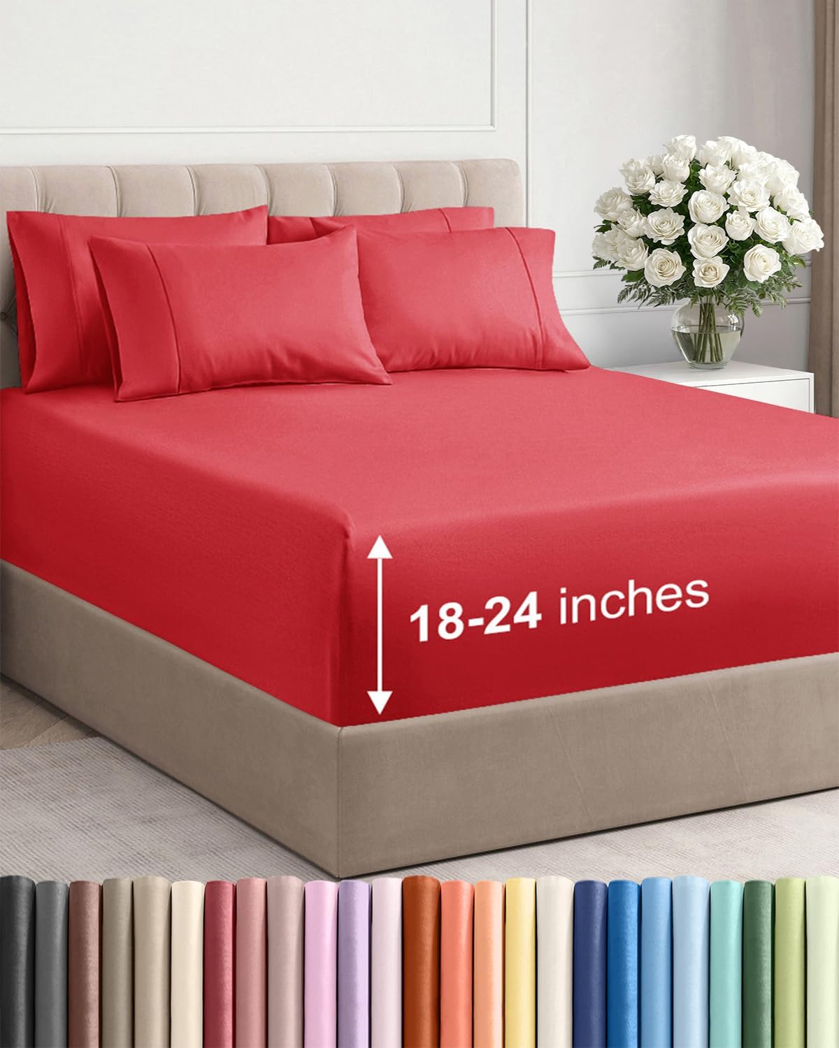 Skiennix Extra Deep King Sheet Set - 6 Piece Breathable Cooling Bedding - Soft Wrinkle-Free Red