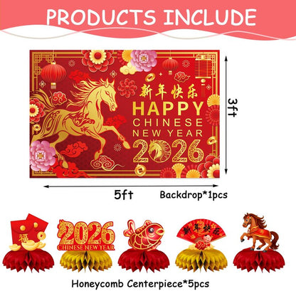 Chinese New Year Party Decorations,Include Lunar New Year Banner,Hanging Swirls,Background and Honeycomb Centerpieces for Spring Festival Celebrations Decorations.