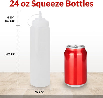 24 oz. 10 Pack 24 Reli. Plastic Squeeze Bottles, | | Condiment Squeeze Bottles for Sauces | Clear w/Tethered Caps |