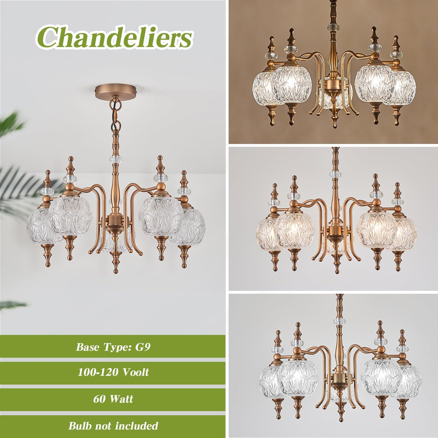 TLOLGT Chandeliers Vintage 5 Lights Brass Glass Pendant Lighting Fixtures Rustic Style Chandelier Matte Brushed Antique Brass Finish with Crystal Glass Shade for Kitchen Island Farmhouse