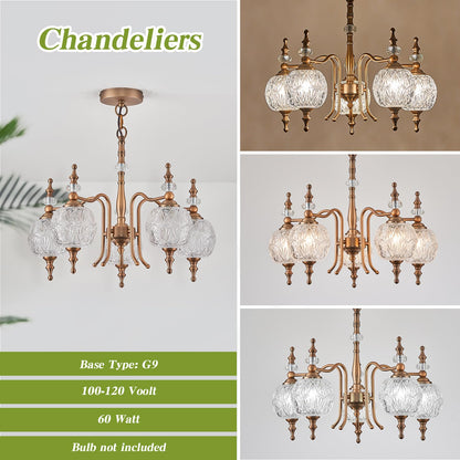 TLOLGT Chandeliers Vintage 5 Lights Brass Glass Pendant Lighting Fixtures Rustic Style Chandelier Matte Brushed Antique Brass Finish with Crystal Glass Shade for Kitchen Island Farmhouse