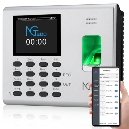NGTeco APP-Based Time Clock for Employees Small Business, Automatic Fingerprint Clock in and Out Machine with 2000mAh Battery, 2.4GHz WiFi, iOS&Android, No Monthly Fee