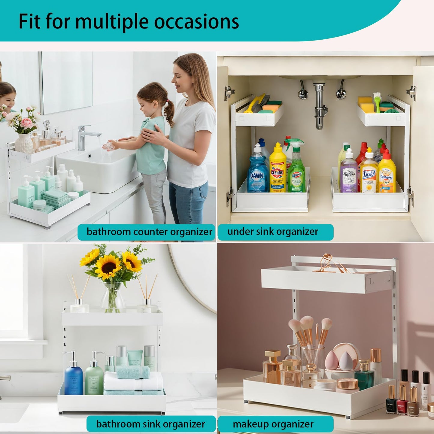 Under Sink Organizer, Bathroom Counter Organizer, 2 Packs 2-Tier Metal, Under Cabinet Storage, Makeup Storage, Adjustable Height & Slide-Out Drawer for Kitchen Bathroom, White