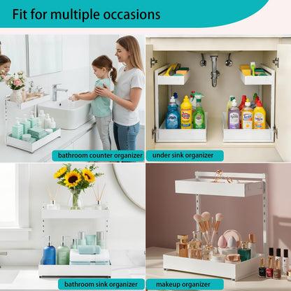 Under Sink Organizer, Bathroom Counter Organizer, 2 Packs 2-Tier Metal, Under Cabinet Storage, Makeup Storage, Adjustable Height & Slide-Out Drawer for Kitchen Bathroom, White