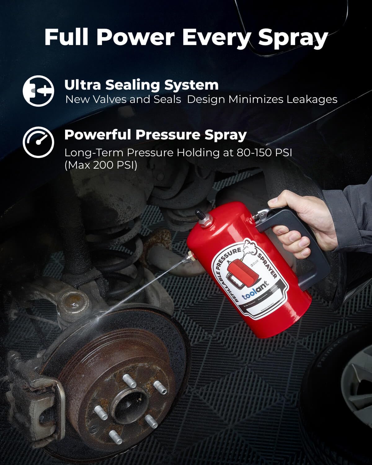 toolant 32oz Refillable Pressurized Sprayer, Steel Canister, Rust-Resistant Lining, Needle Valve Leak-Resistant, Dual Nozzles 1.0/0.6mm, Funnel Included, 200 PSI Max, for Brake Cleaner & Solvents, Red