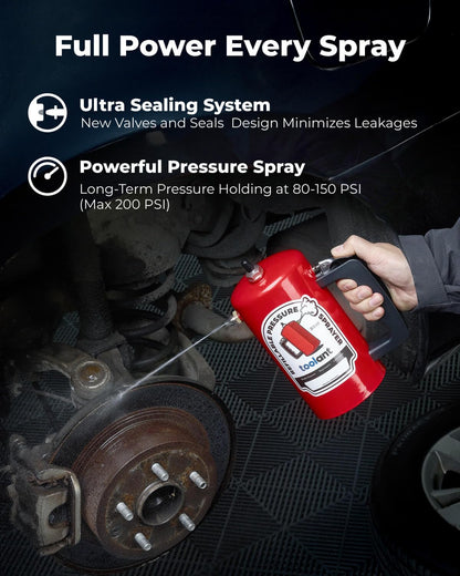 toolant 32oz Refillable Pressurized Sprayer, Steel Canister, Rust-Resistant Lining, Needle Valve Leak-Resistant, Dual Nozzles 1.0/0.6mm, Funnel Included, 200 PSI Max, for Brake Cleaner & Solvents, Red