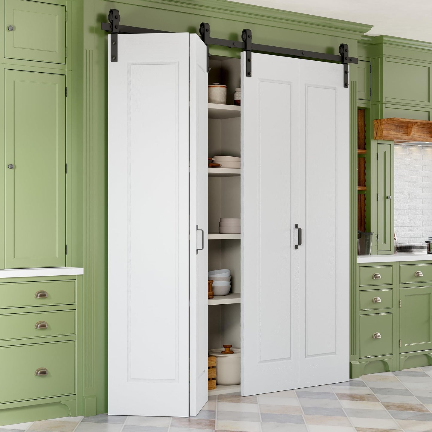 64" x 84" Paintable Bifold Barn Door, No Assembly Required, 1 Panel Bi-Fold Sliding Closet Doors with Hardware Kit Included, 72" Track Kit for 4 Doors, Pre-Drilled Holes, White