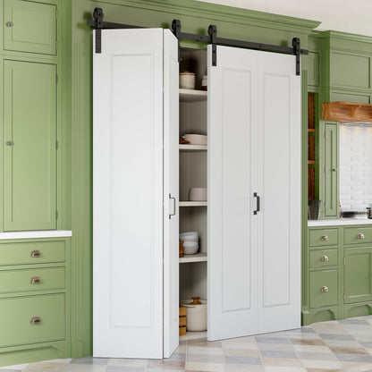 64" x 84" Paintable Bifold Barn Door, No Assembly Required, 1 Panel Bi-Fold Sliding Closet Doors with Hardware Kit Included, 72" Track Kit for 4 Doors, Pre-Drilled Holes, White