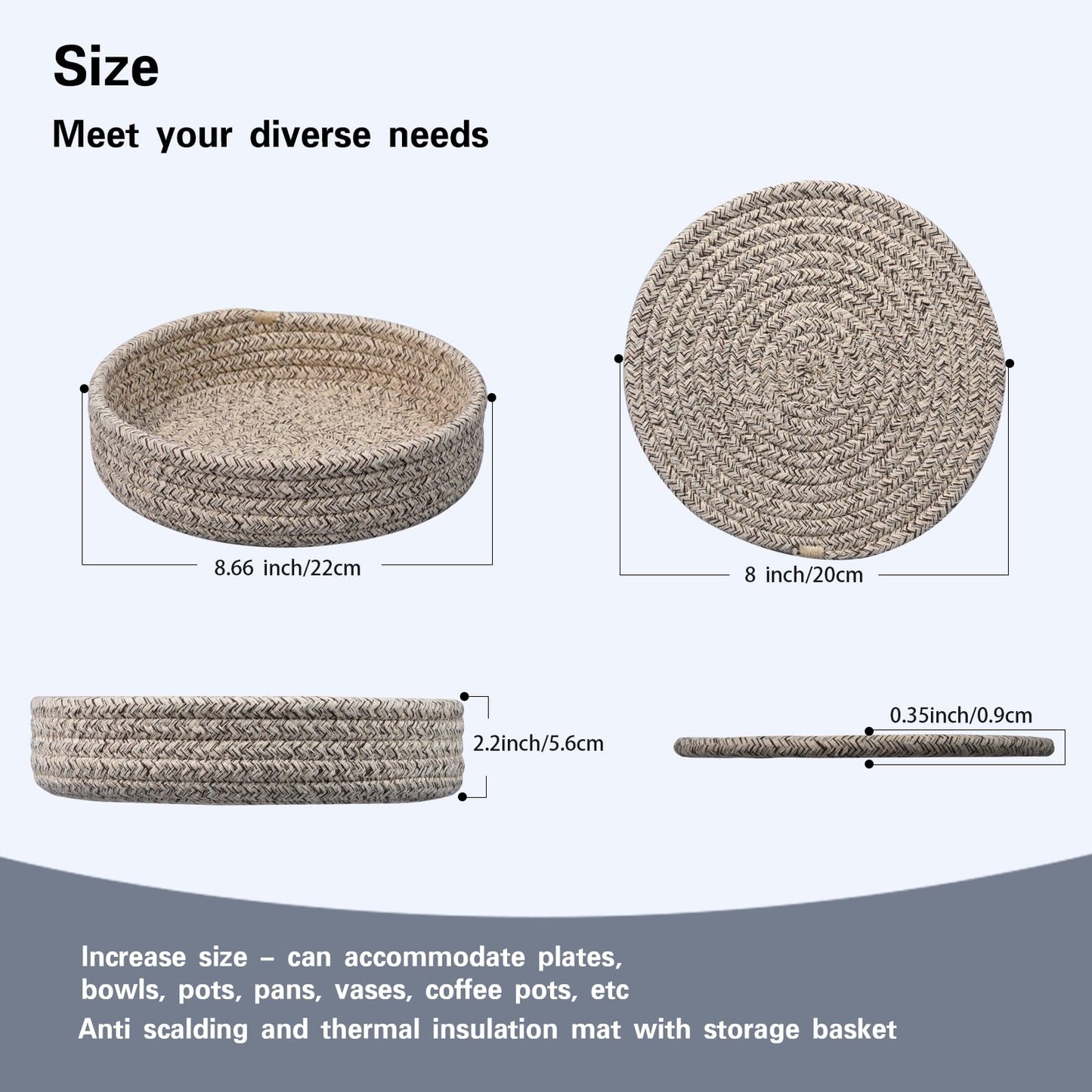 Vakelin 8 Inch Trivets for Hot Dishes, Hot Pots and Pans, Pot Holders for Kitchen, 5 Pcs Thick Heat Resistant Hot Pads for Kithchen, Countertop Hot Pad with Storage Basket