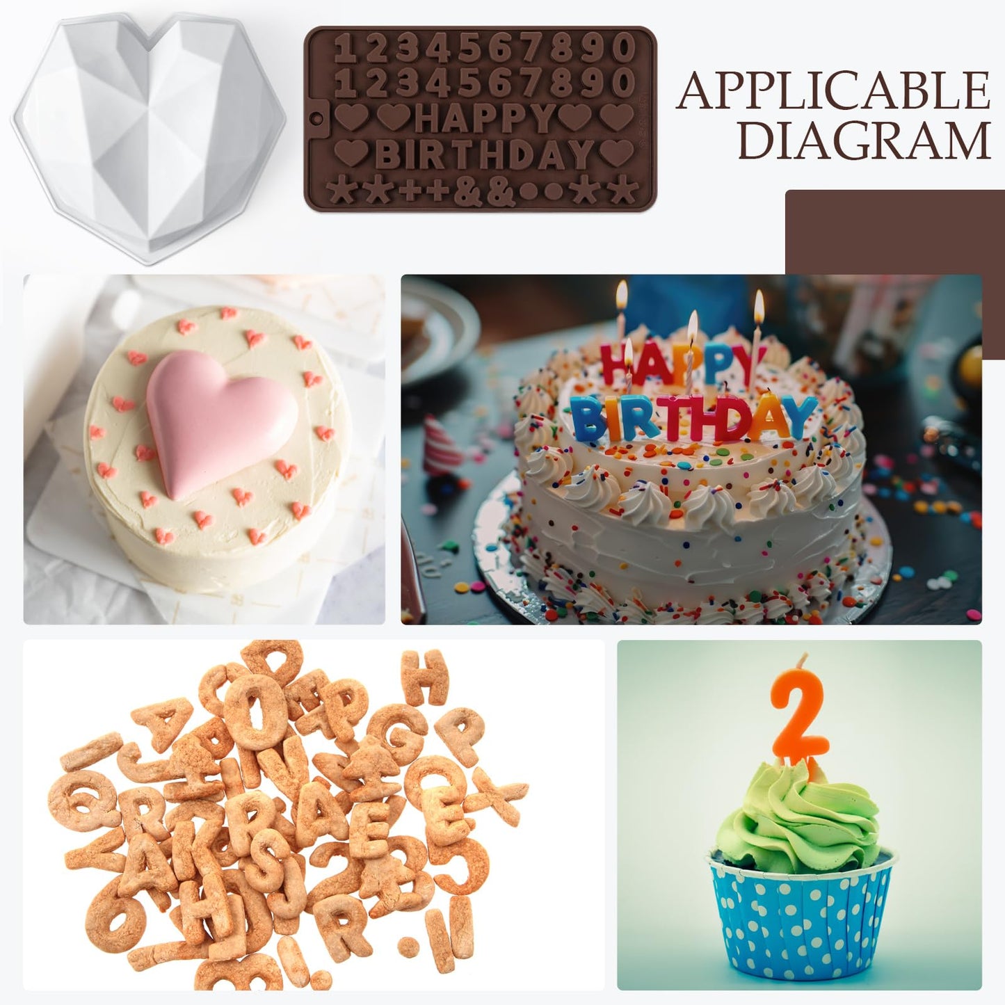 Reallnaive 12 Pieces Cake Baking Set Include Cookie Decorating Brushes Fondant and Gum Paste Tool, Diamond Heart Silicone Mold, Number Letter Chocolate Molds for Sugar Cookie Supplies